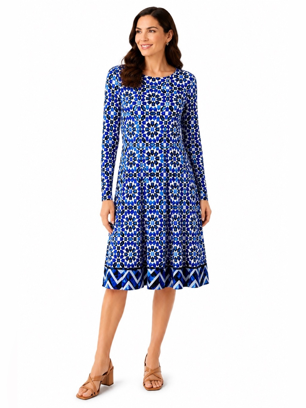 Michael Kors Blue Geometric Print Long Sleeve Fit Flare Dress L